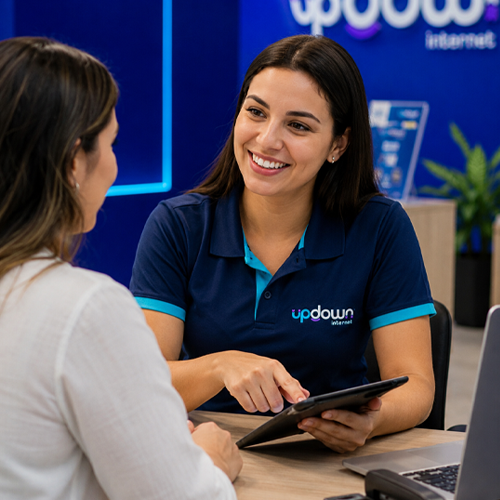 Atendente da Updown orientando uma cliente na loja